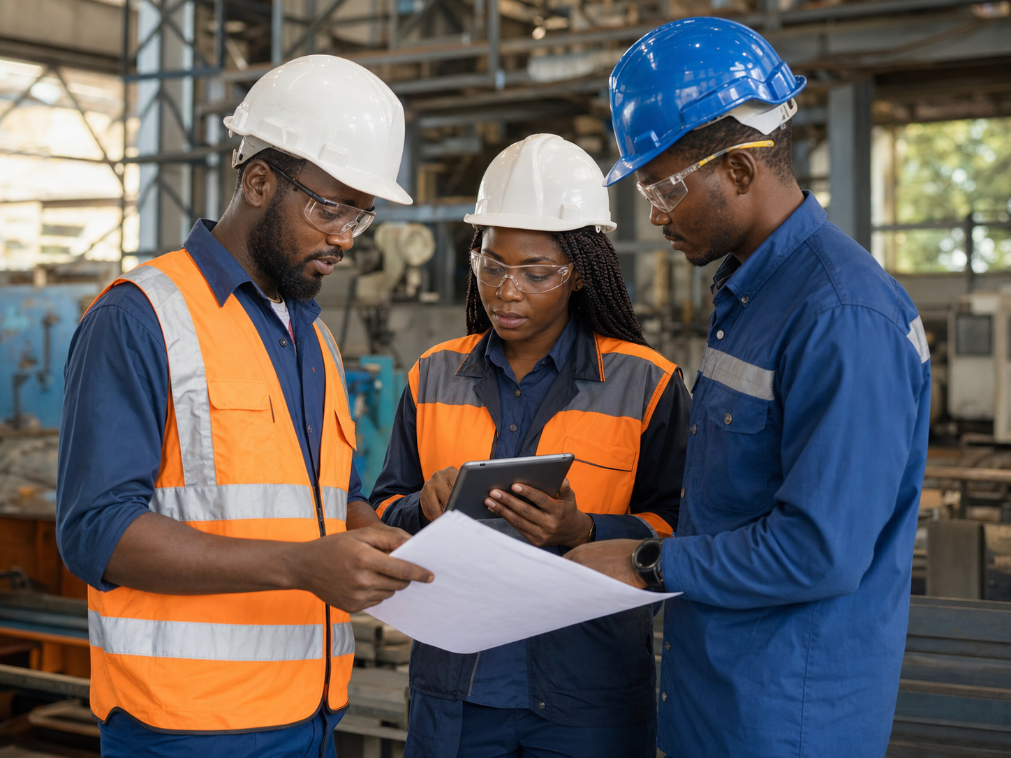 Équipe industrielle ouest-africaine examinant un document qualité sur site